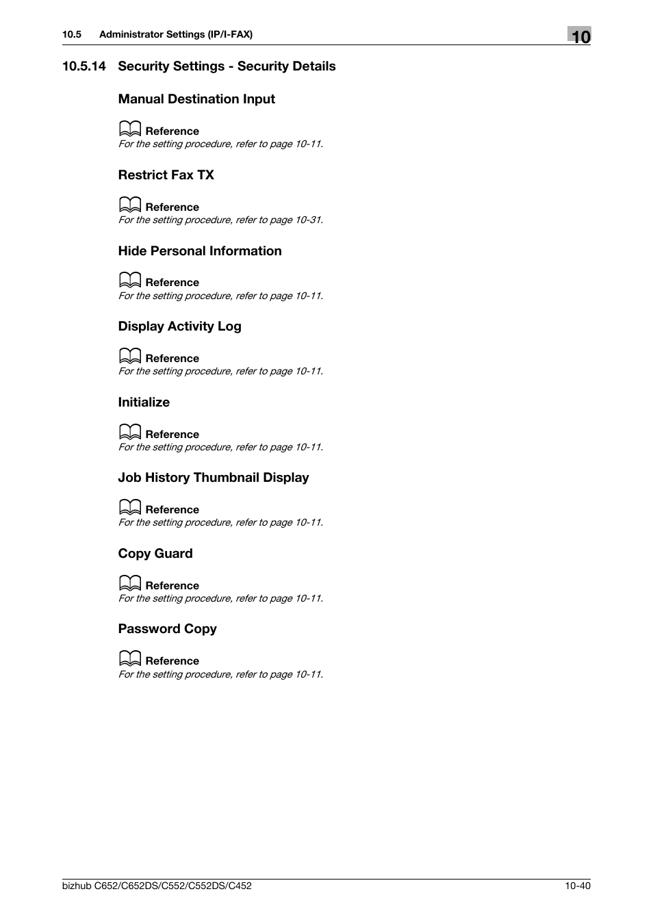 14 security settings - security details, Manual destination input, Restrict fax tx | Hide personal information, Display activity log, Initialize, Job history thumbnail display, Copy guard, Password copy | Konica Minolta BIZHUB C652DS User Manual | Page 229 / 294