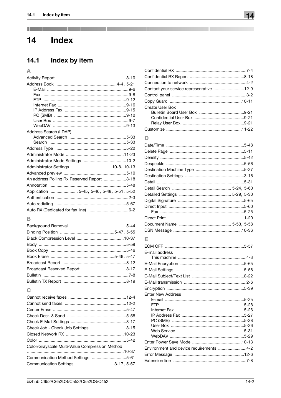 14 index, 1 index by item, A to e | Index, Index by item -2 | Konica Minolta BIZHUB C652DS User Manual | Page 287 / 294