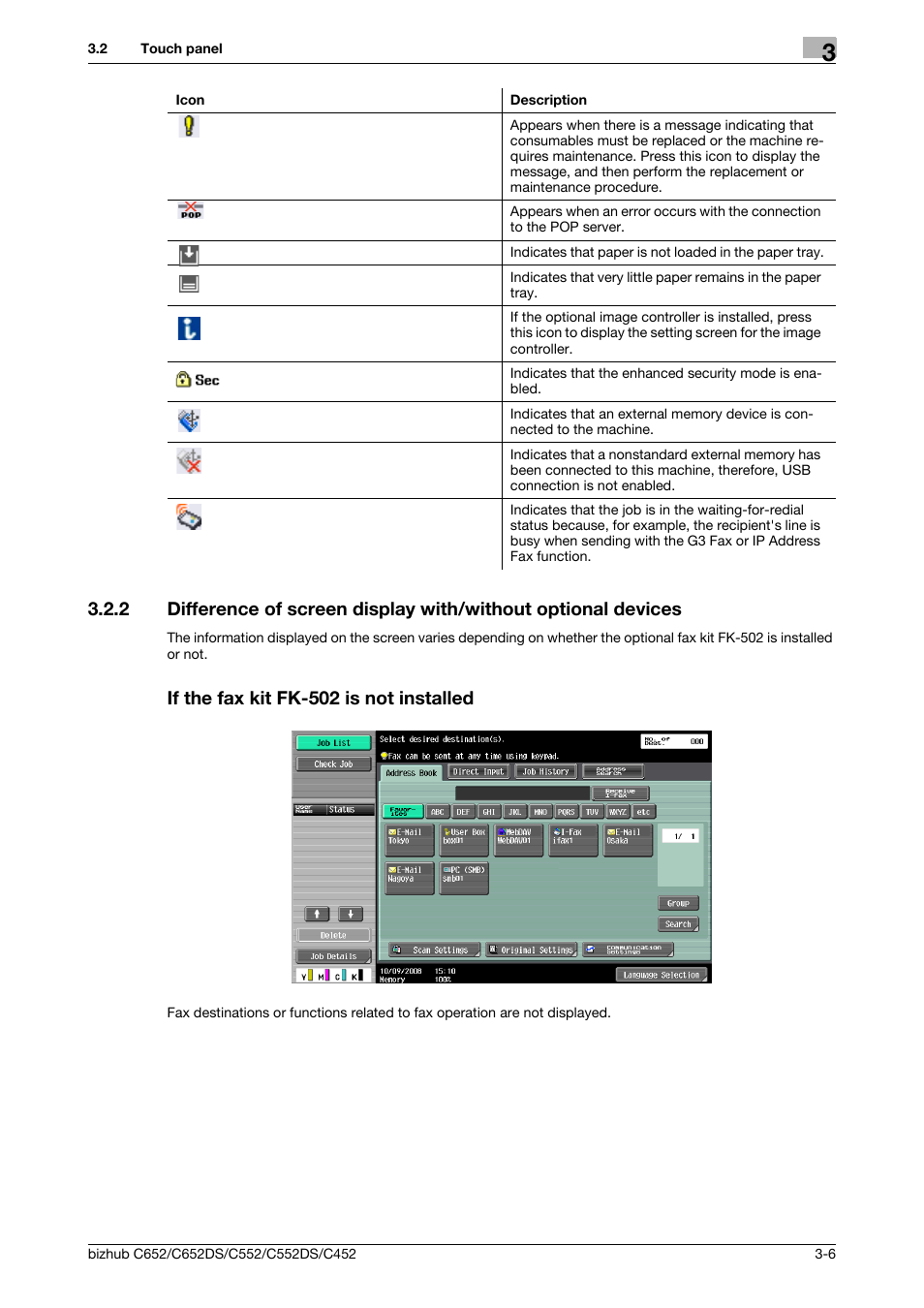 If the fax kit fk-502 is not installed | Konica Minolta BIZHUB C652DS User Manual | Page 32 / 294