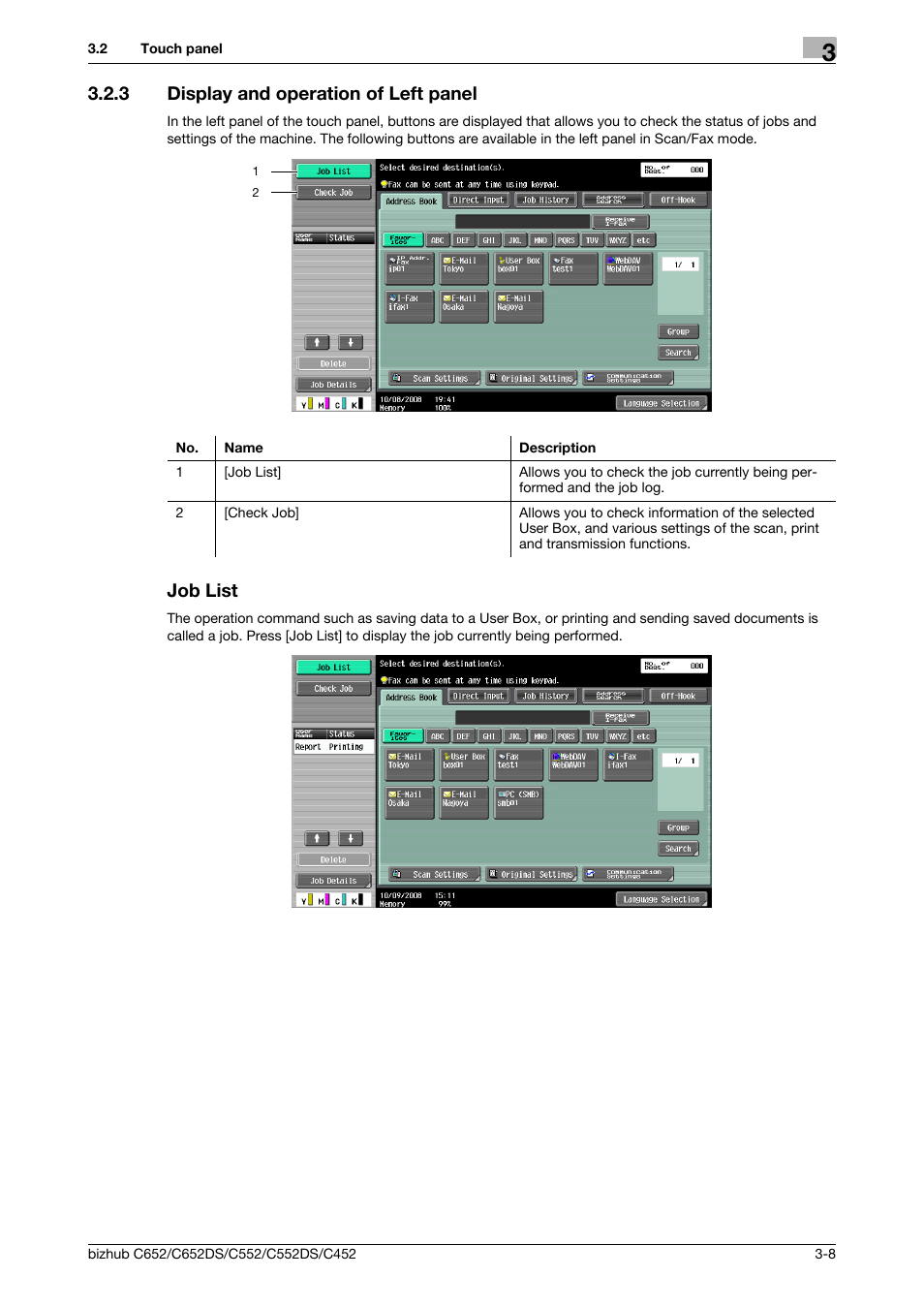3 display and operation of left panel, Job list, Display and operation of left panel -8 job list -8 | Konica Minolta BIZHUB C652DS User Manual | Page 34 / 294