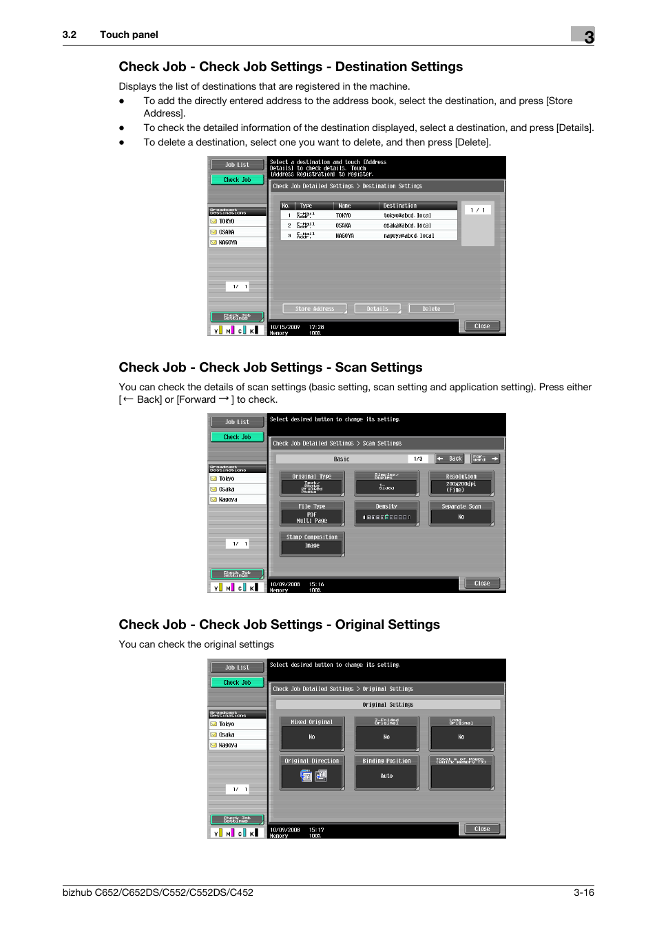 Check job - check job settings - scan settings, Check job - check job settings - original settings | Konica Minolta BIZHUB C652DS User Manual | Page 42 / 294