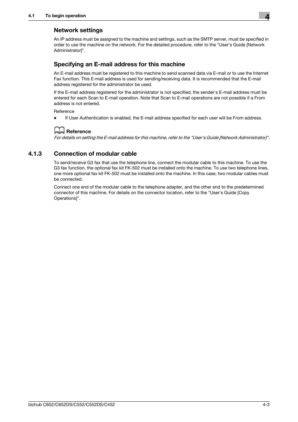 Network settings, Specifying an e-mail address for this machine, 3 connection of modular cable | Connection of modular cable -3 | Konica Minolta BIZHUB C652DS User Manual | Page 46 / 294