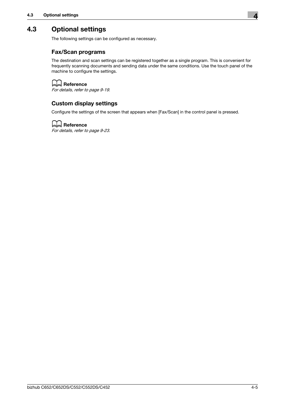 3 optional settings, Fax/scan programs, Custom display settings | Konica Minolta BIZHUB C652DS User Manual | Page 48 / 294