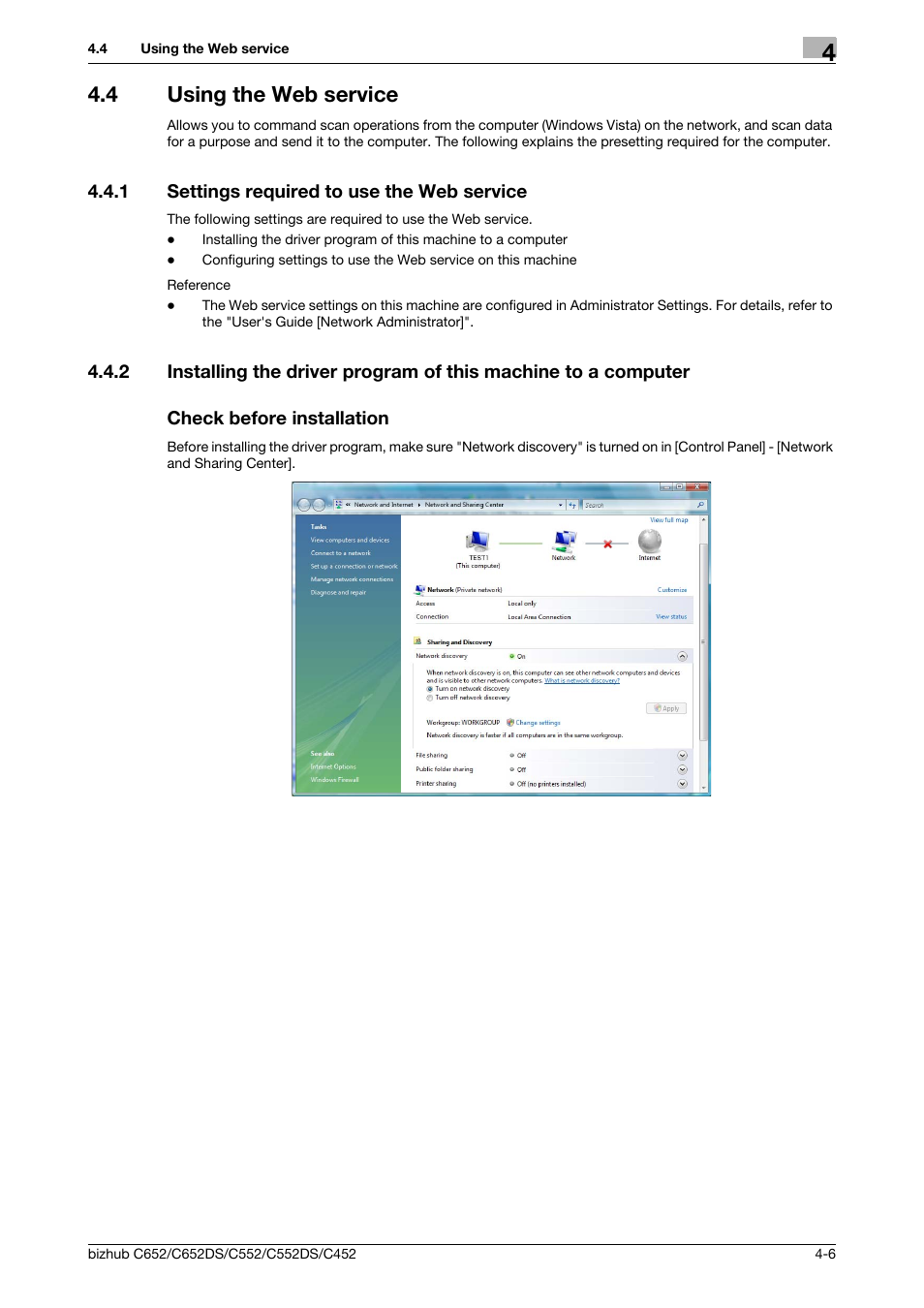 4 using the web service, 1 settings required to use the web service, Check before installation | Using the web service -6, Settings required to use the web service -6 | Konica Minolta BIZHUB C652DS User Manual | Page 49 / 294