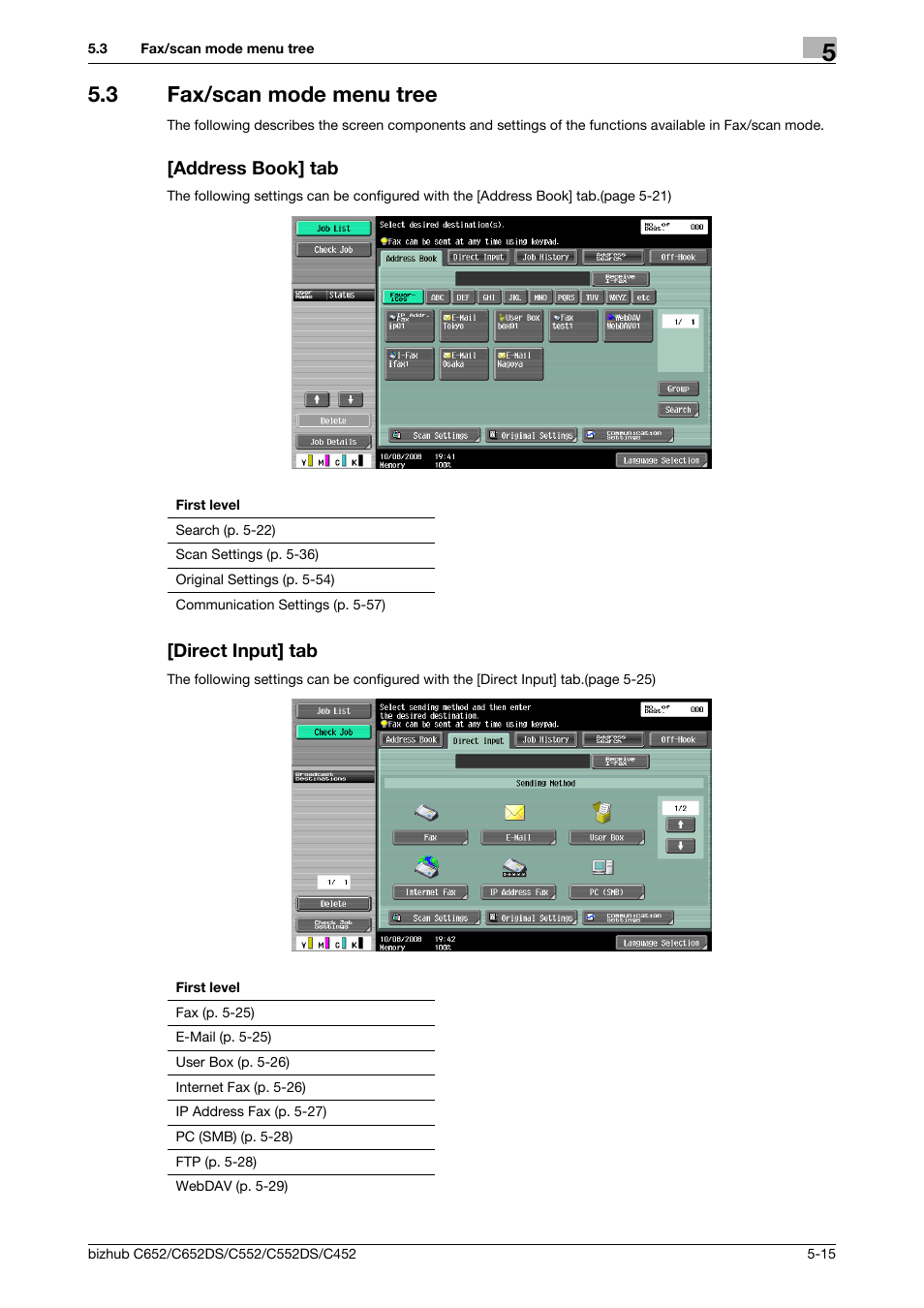 3 fax/scan mode menu tree, Address book] tab, Direct input] tab | Konica Minolta BIZHUB C652DS User Manual | Page 65 / 294