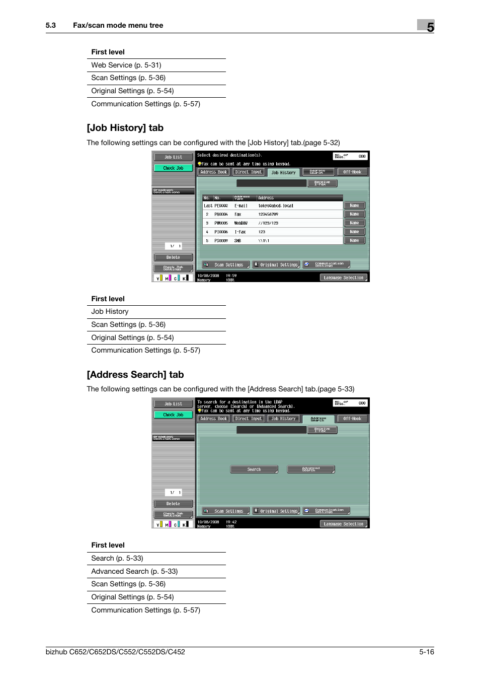 Job history] tab, Address search] tab, Job history] tab -16 [address search] tab -16 | Konica Minolta BIZHUB C652DS User Manual | Page 66 / 294