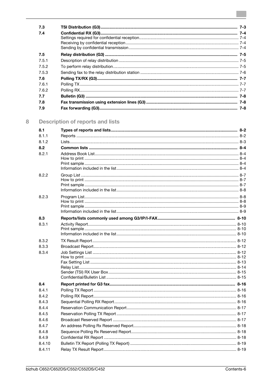 8description of reports and lists | Konica Minolta BIZHUB C652DS User Manual | Page 7 / 294