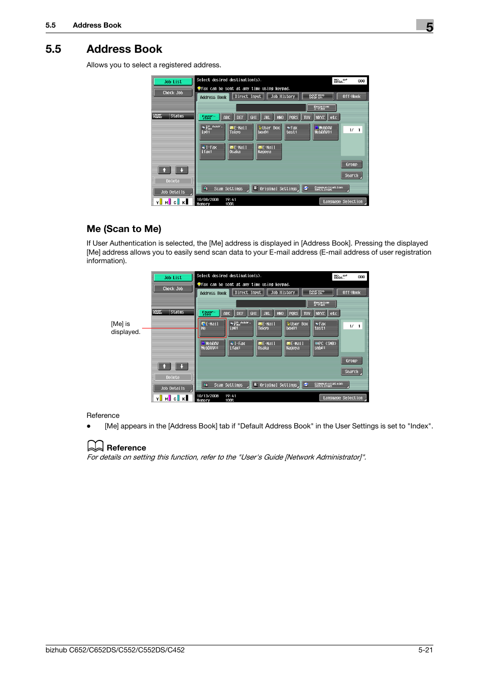 5 address book, Me (scan to me), Address book -21 me (scan to me) -21 | P. 5-21), Ook (p. 5-21), P. 5-21 | Konica Minolta BIZHUB C652DS User Manual | Page 71 / 294