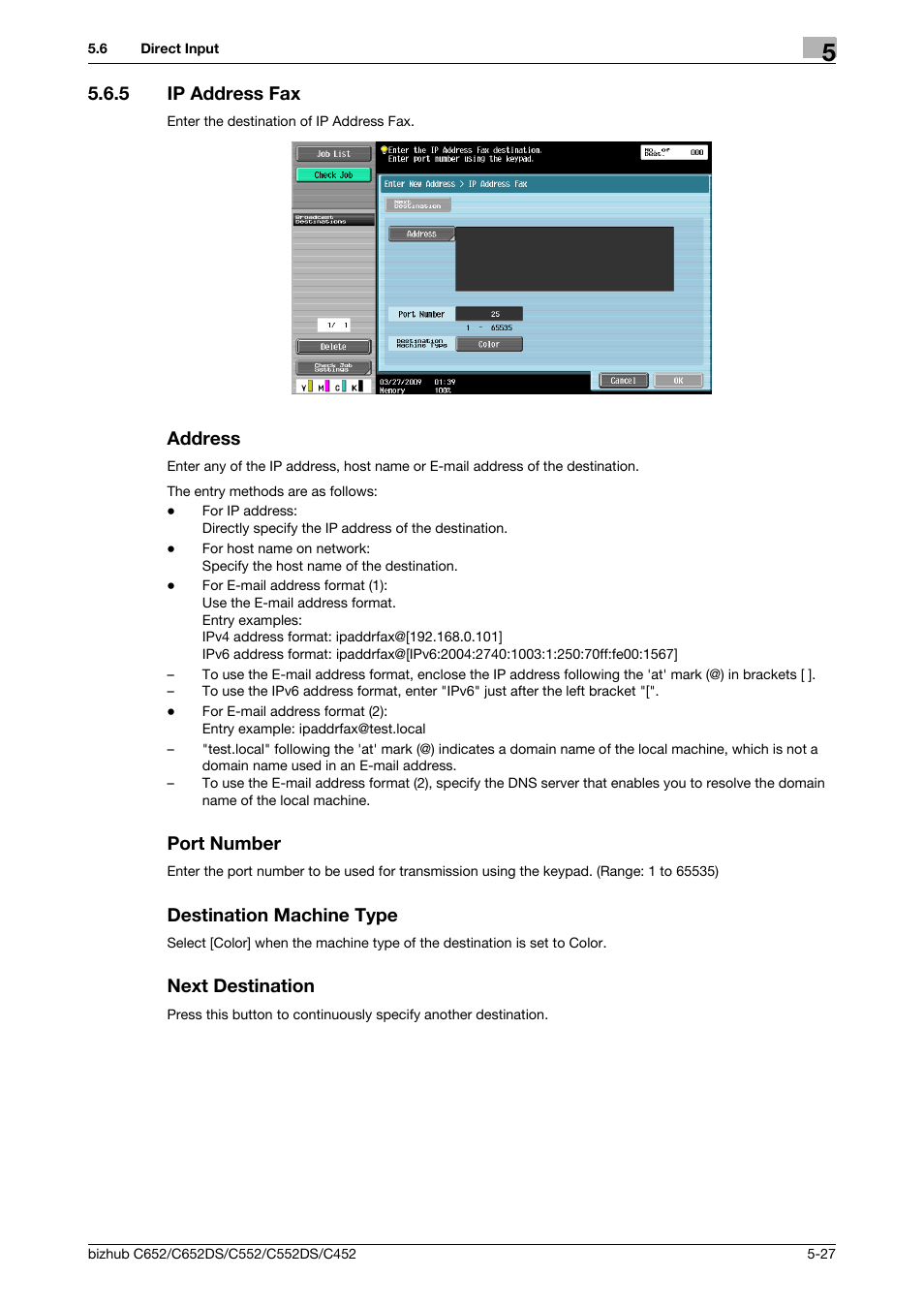 5 ip address fax, Address, Port number | Destination machine type, Next destination, X (p. 5-27) | Konica Minolta BIZHUB C652DS User Manual | Page 77 / 294