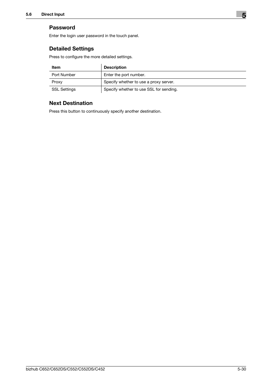 Password, Detailed settings, Next destination | Konica Minolta BIZHUB C652DS User Manual | Page 80 / 294