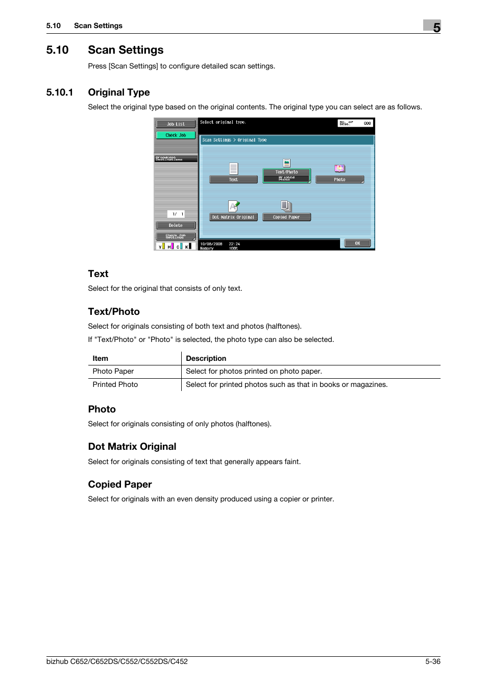 10 scan settings, 1 original type, Text | Text/photo, Photo, Dot matrix original, Copied paper, Scan settings -36, Ttings (p. 5-36), S (p. 5-36), origi | Konica Minolta BIZHUB C652DS User Manual | Page 86 / 294