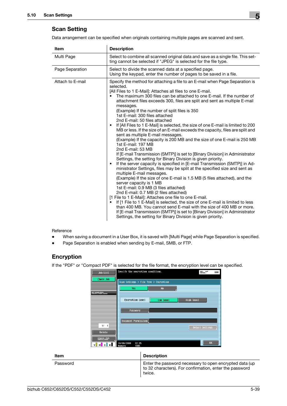 Scan setting, Encryption, Scan setting -39 encryption -39 | P. 5-39), Tion (p. 5-39) | Konica Minolta BIZHUB C652DS User Manual | Page 89 / 294