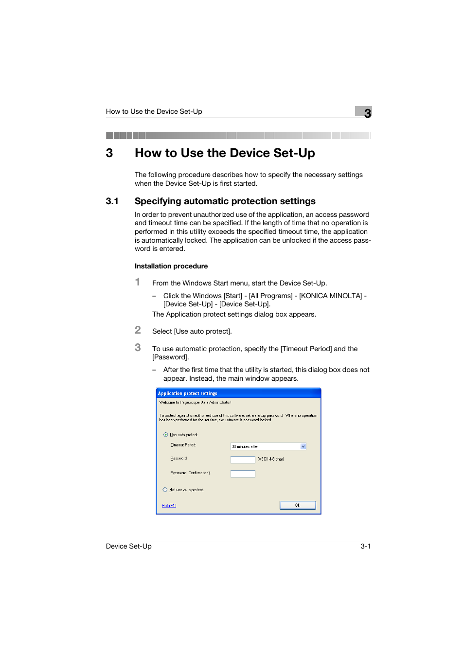 3 how to use the device set-up, 1 specifying automatic protection settings, Installation procedure | How to use the device set-up, Specifying automatic protection settings -1, Installation procedure -1, 3how to use the device set-up | Konica Minolta Biznub Series User Manual | Page 14 / 67
