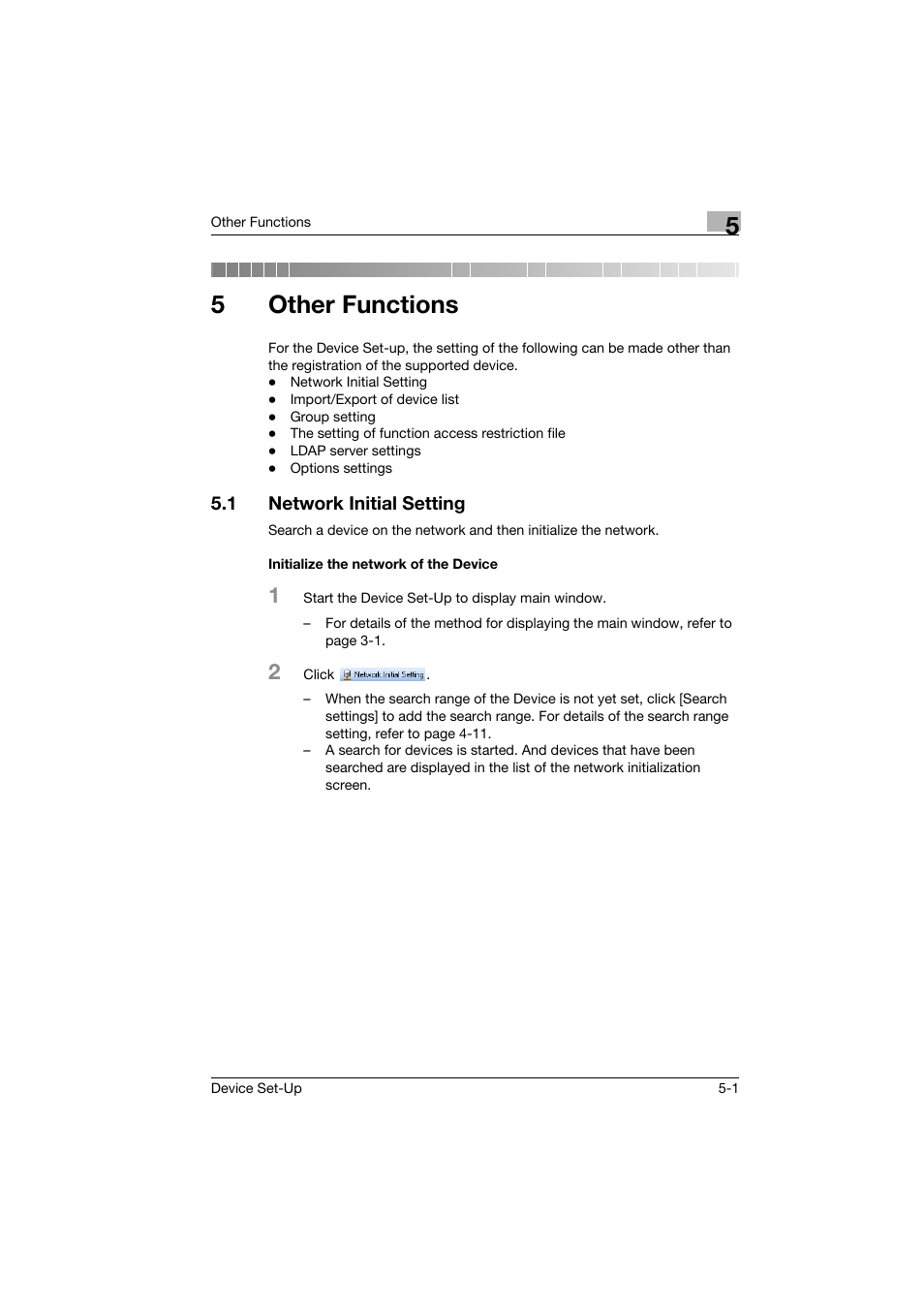 5 other functions, 1 network initial setting, Initialize the network of the device | Other functions, Network initial setting -1, Initialize the network of the device -1, 5other functions | Konica Minolta Biznub Series User Manual | Page 37 / 67