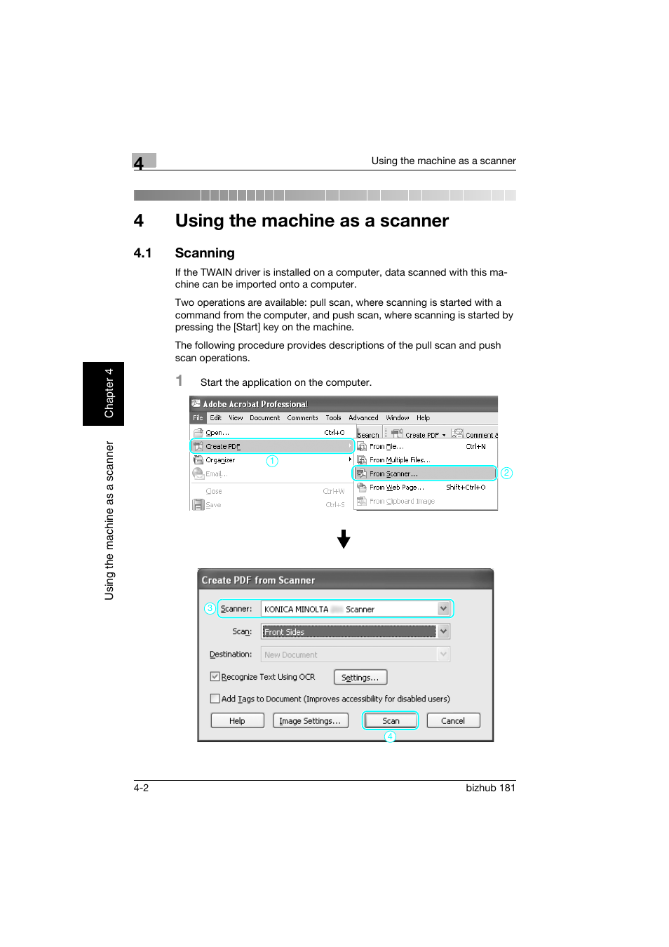 4 using the machine as a scanner, 1 scanning, Using the machine as a scanner | Scanning -2, 4using the machine as a scanner | Konica Minolta bizhub 181 User Manual | Page 127 / 144
