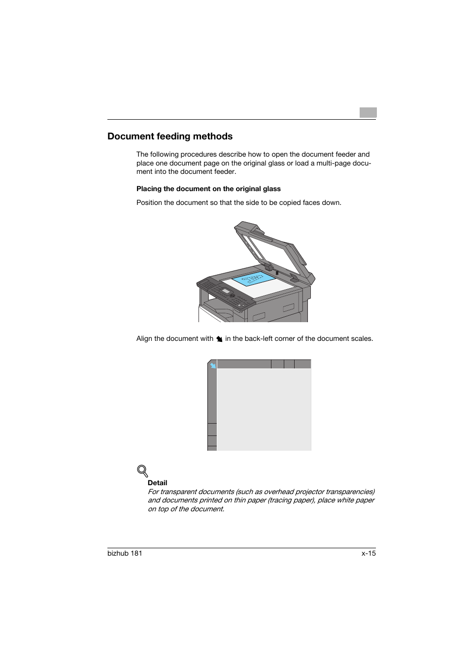 Document feeding methods, Placing the document on the original glass | Konica Minolta bizhub 181 User Manual | Page 16 / 144