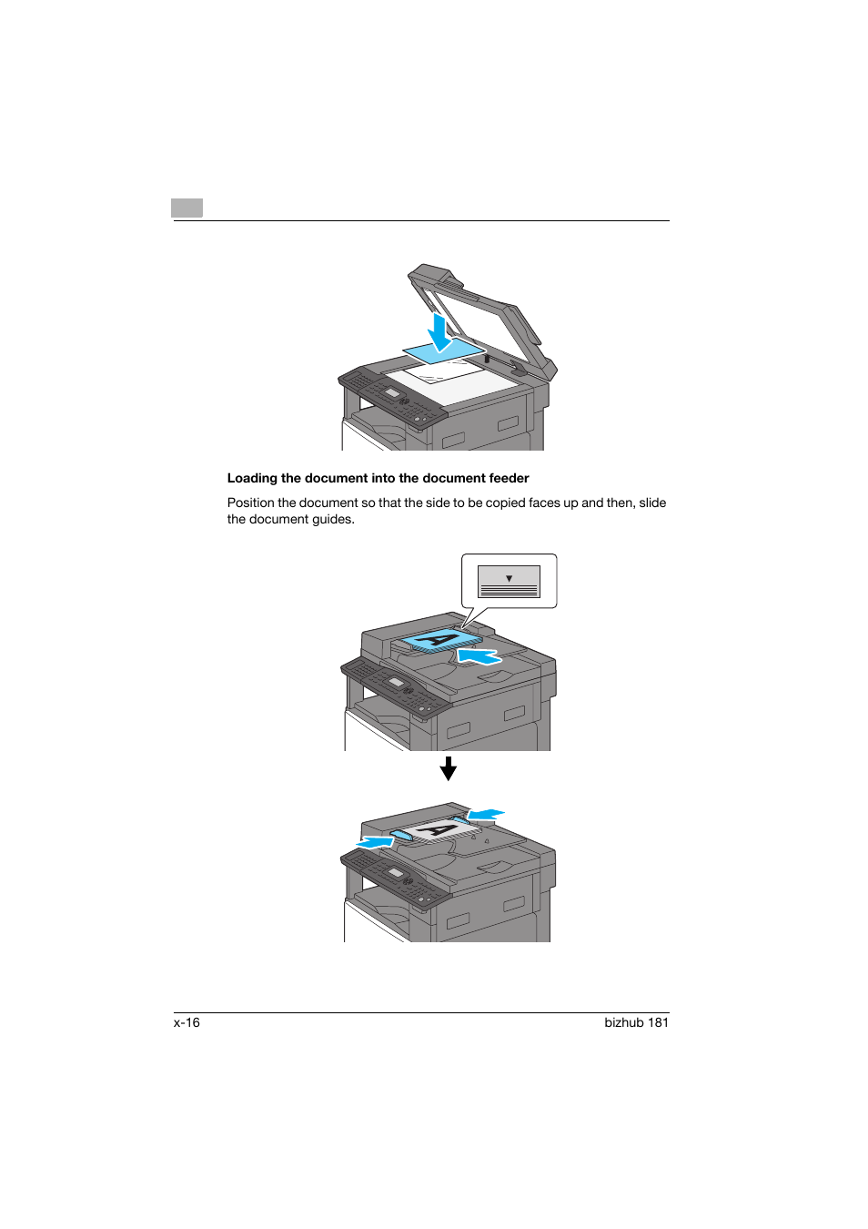 Loading the document into the document feeder | Konica Minolta bizhub 181 User Manual | Page 17 / 144