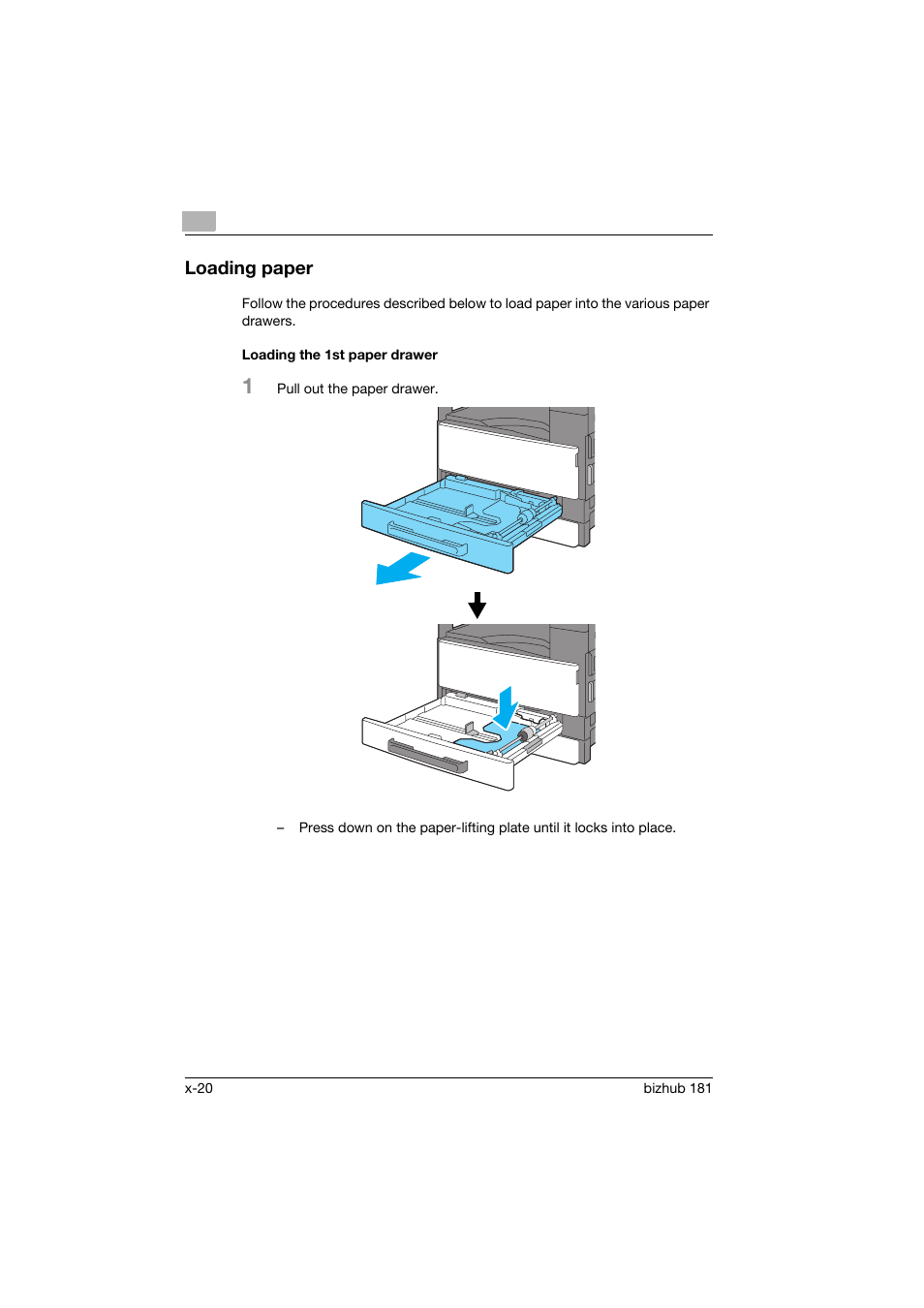 Loading paper, Loading the 1st paper drawer | Konica Minolta bizhub 181 User Manual | Page 21 / 144
