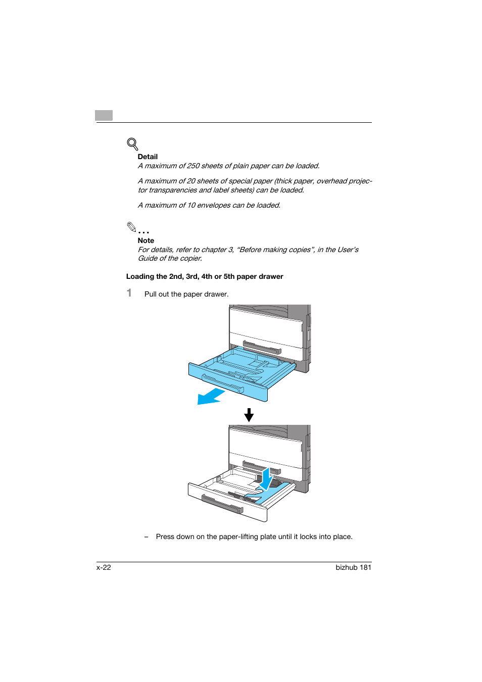 Loading the 2nd, 3rd, 4th or 5th paper drawer | Konica Minolta bizhub 181 User Manual | Page 23 / 144