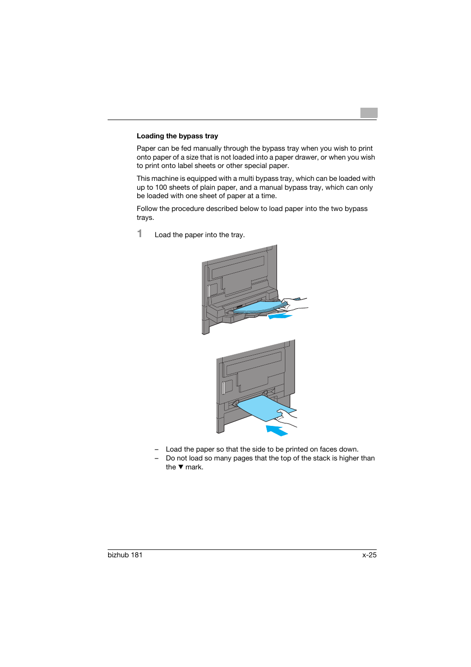 Loading the bypass tray | Konica Minolta bizhub 181 User Manual | Page 26 / 144
