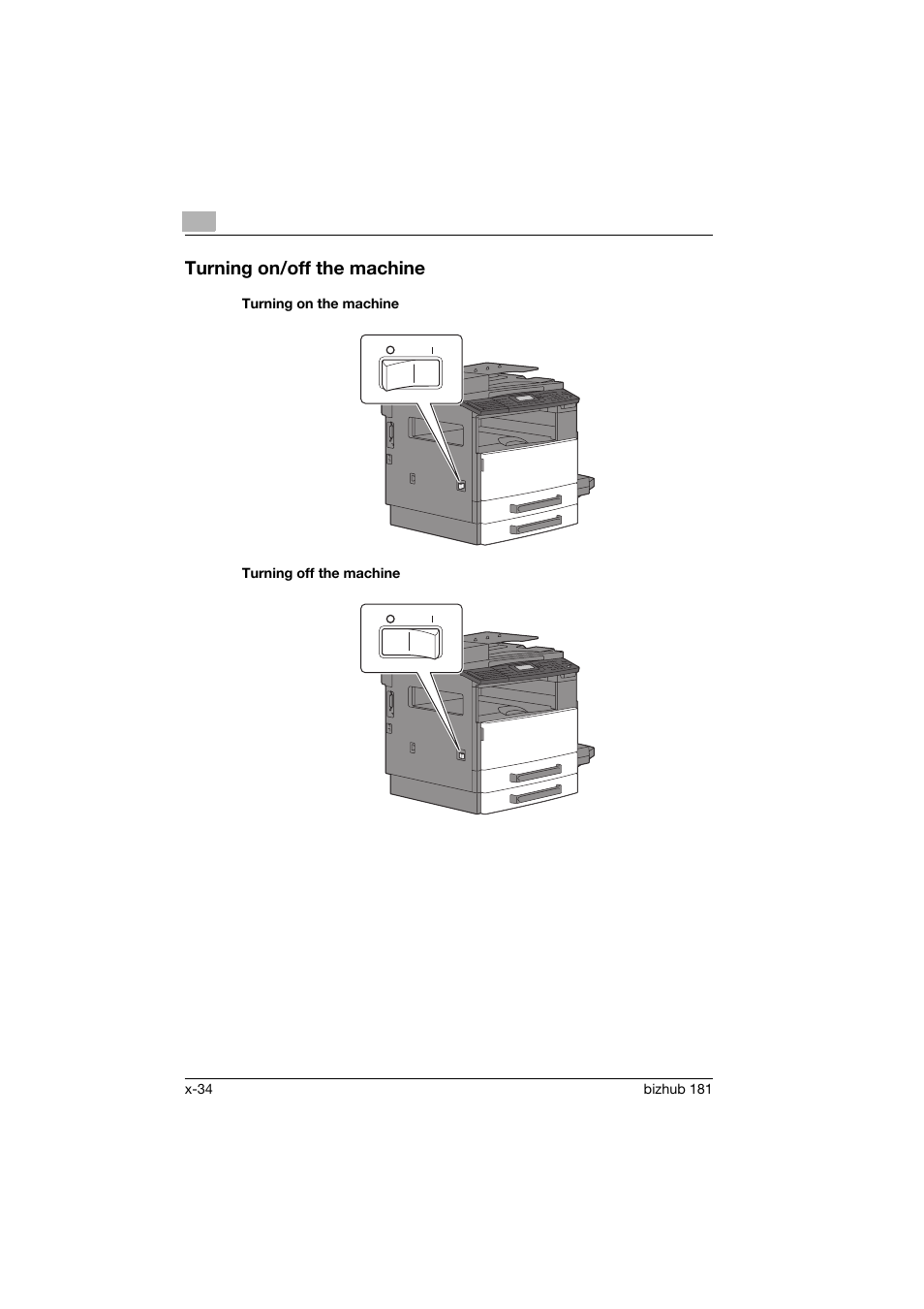 Turning on/off the machine, Turning on the machine, Turning off the machine | Konica Minolta bizhub 181 User Manual | Page 35 / 144