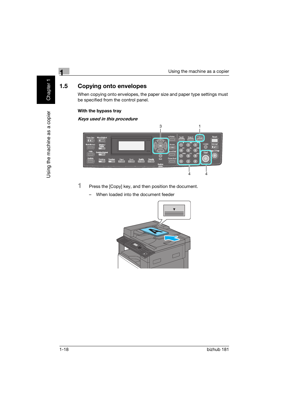 5 copying onto envelopes, With the bypass tray, Copying onto envelopes -18 | With the bypass tray -18 | Konica Minolta bizhub 181 User Manual | Page 57 / 144