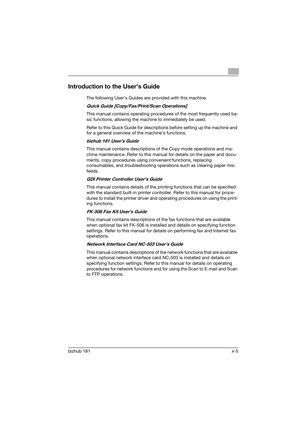 Introduction to the user’s guide | Konica Minolta bizhub 181 User Manual | Page 6 / 144