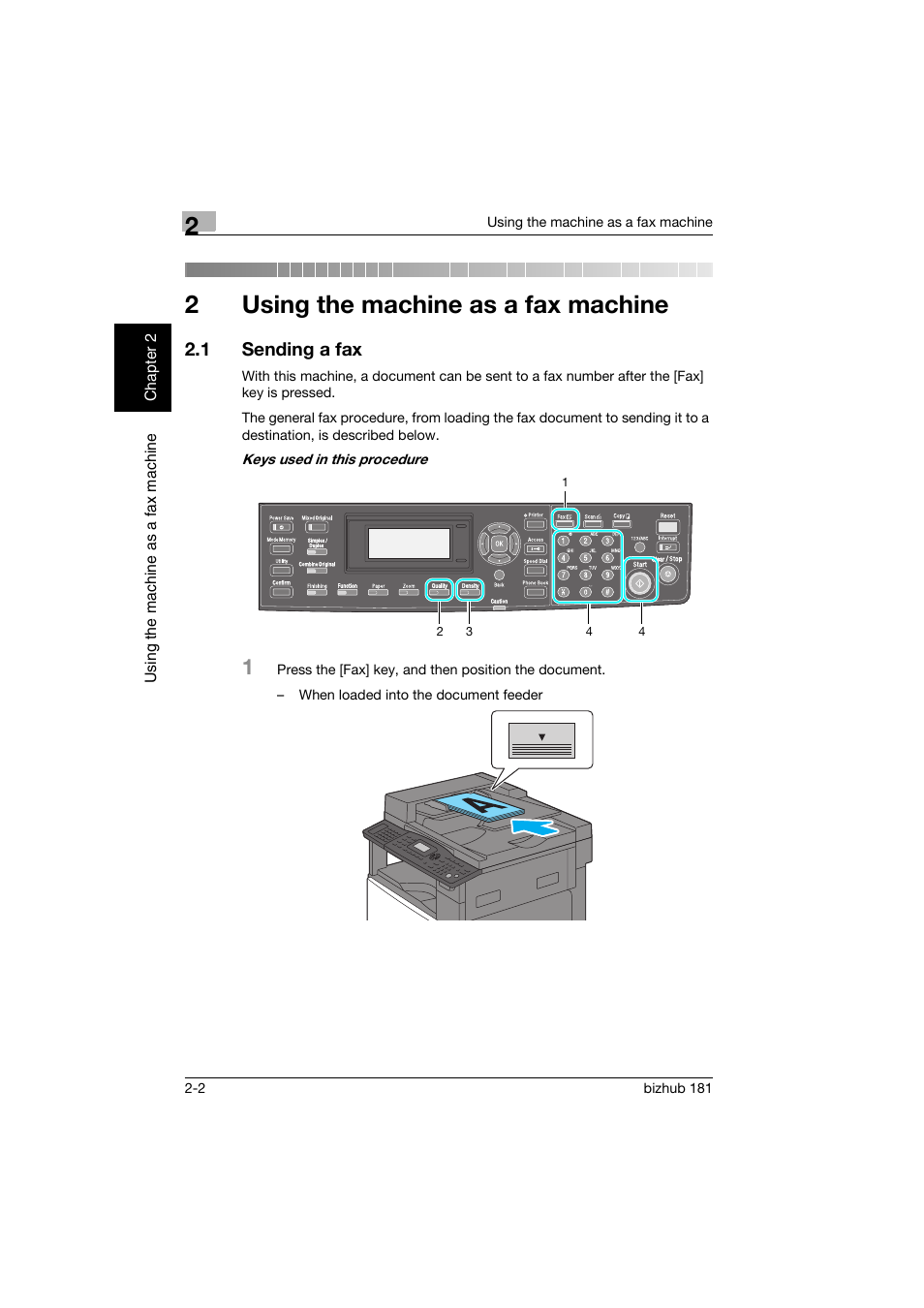2 using the machine as a fax machine, 1 sending a fax, Using the machine as a fax machine | Sending a fax -2, 2using the machine as a fax machine | Konica Minolta bizhub 181 User Manual | Page 69 / 144