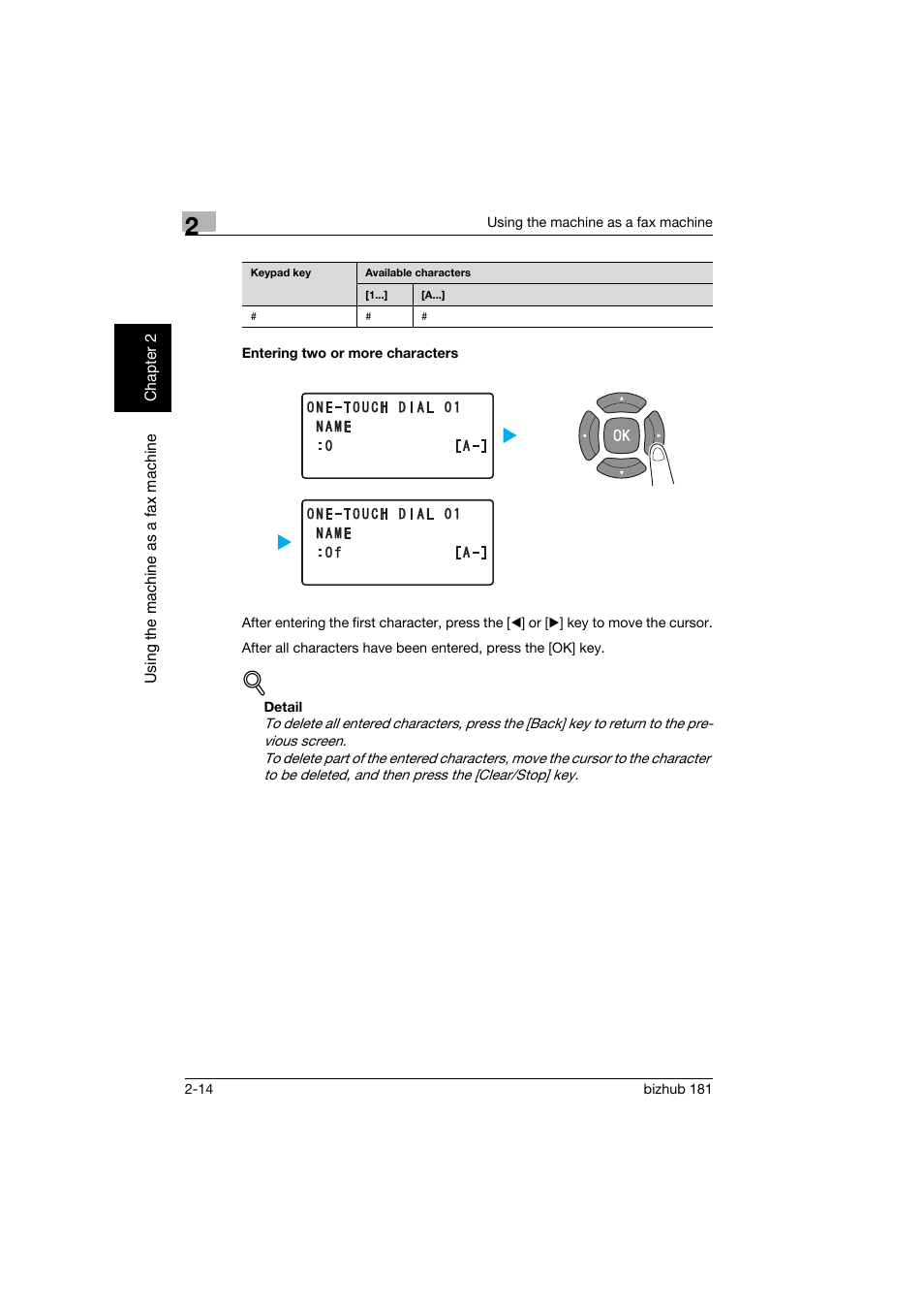 Entering two or more characters, Entering two or more characters -14 | Konica Minolta bizhub 181 User Manual | Page 81 / 144