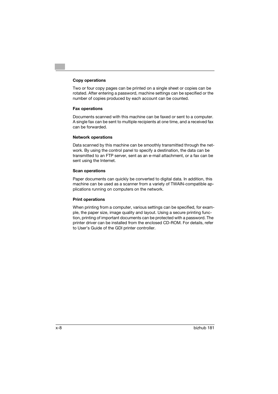 Copy operations, Fax operations, Network operations | Scan operations, Print operations | Konica Minolta bizhub 181 User Manual | Page 9 / 144