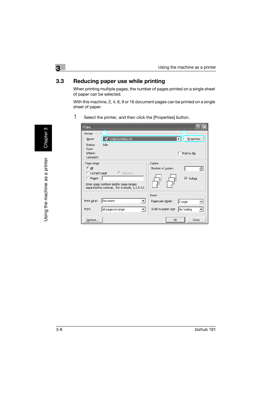 3 reducing paper use while printing, Reducing paper use while printing -8 | Konica Minolta bizhub 181 User Manual | Page 95 / 144