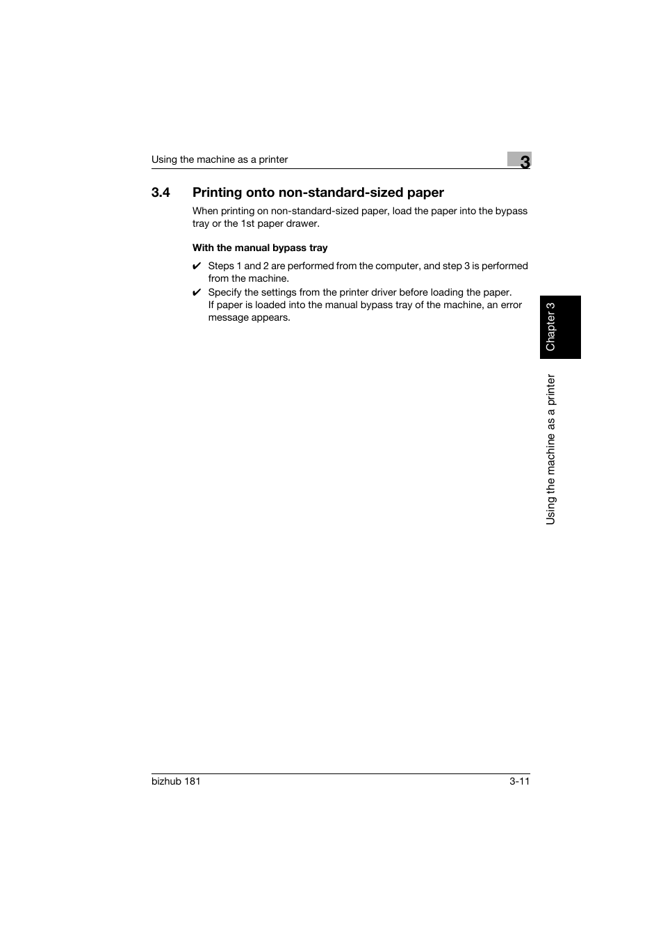4 printing onto non-standard-sized paper, With the manual bypass tray, Printing onto non-standard-sized paper -11 | With the manual bypass tray -11 | Konica Minolta bizhub 181 User Manual | Page 98 / 144