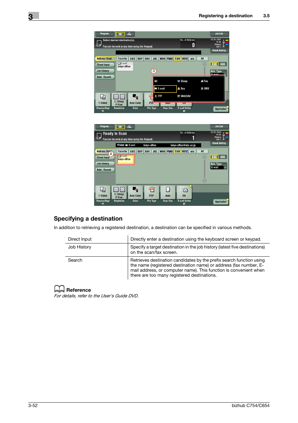 Specifying a destination, Specifying a destination -52 | Konica Minolta bizhub C654 User Manual | Page 108 / 130