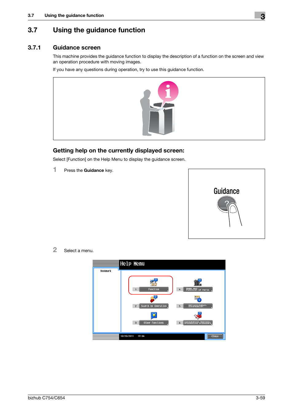 7 using the guidance function, 1 guidance screen, Getting help on the currently displayed screen | Using the guidance function -59 | Konica Minolta bizhub C654 User Manual | Page 115 / 130