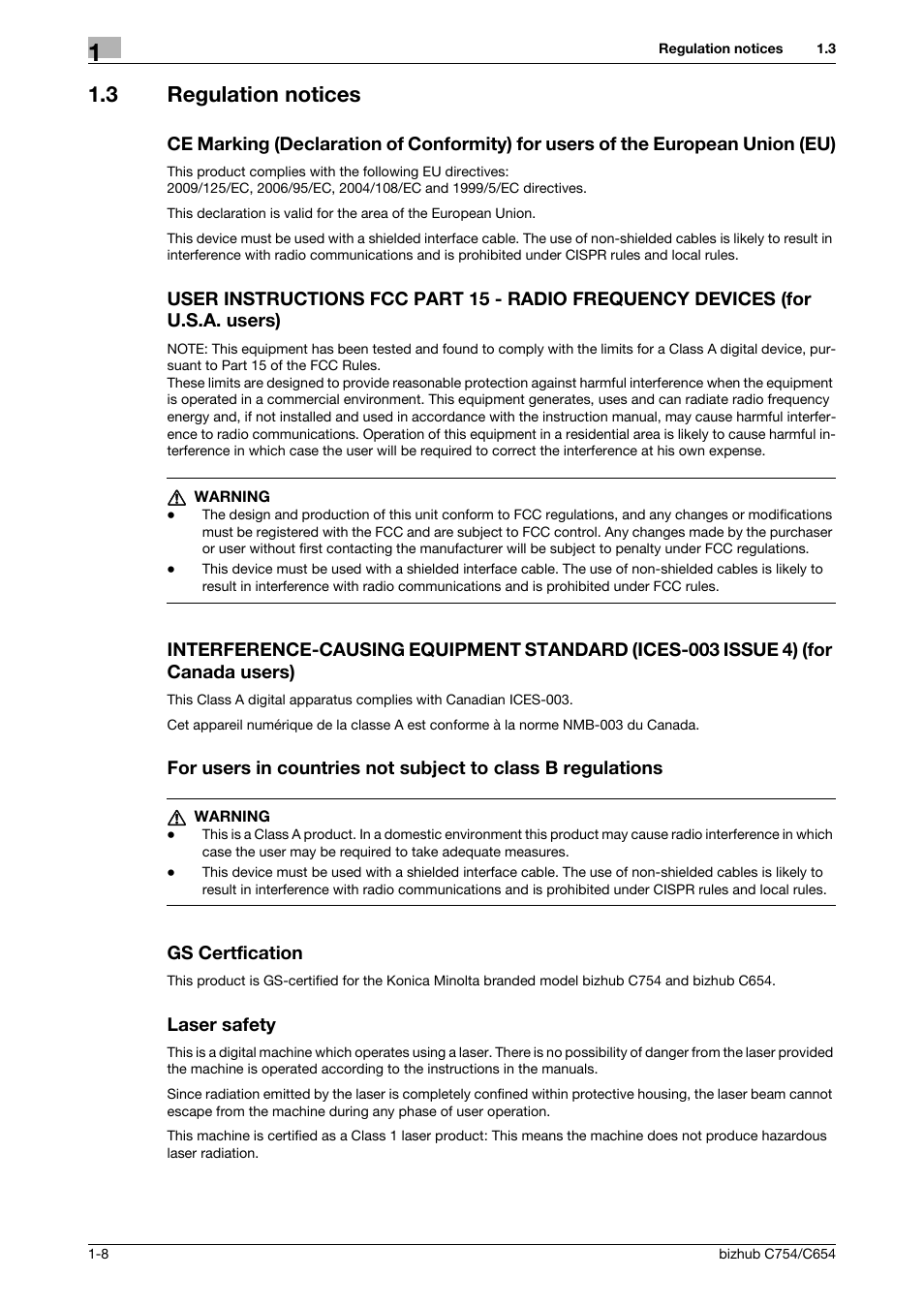 3 regulation notices, Gs certfication, Laser safety | Konica Minolta bizhub C654 User Manual | Page 14 / 130