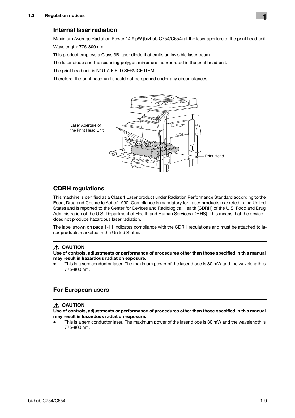 Internal laser radiation, Cdrh regulations, For european users | Konica Minolta bizhub C654 User Manual | Page 15 / 130