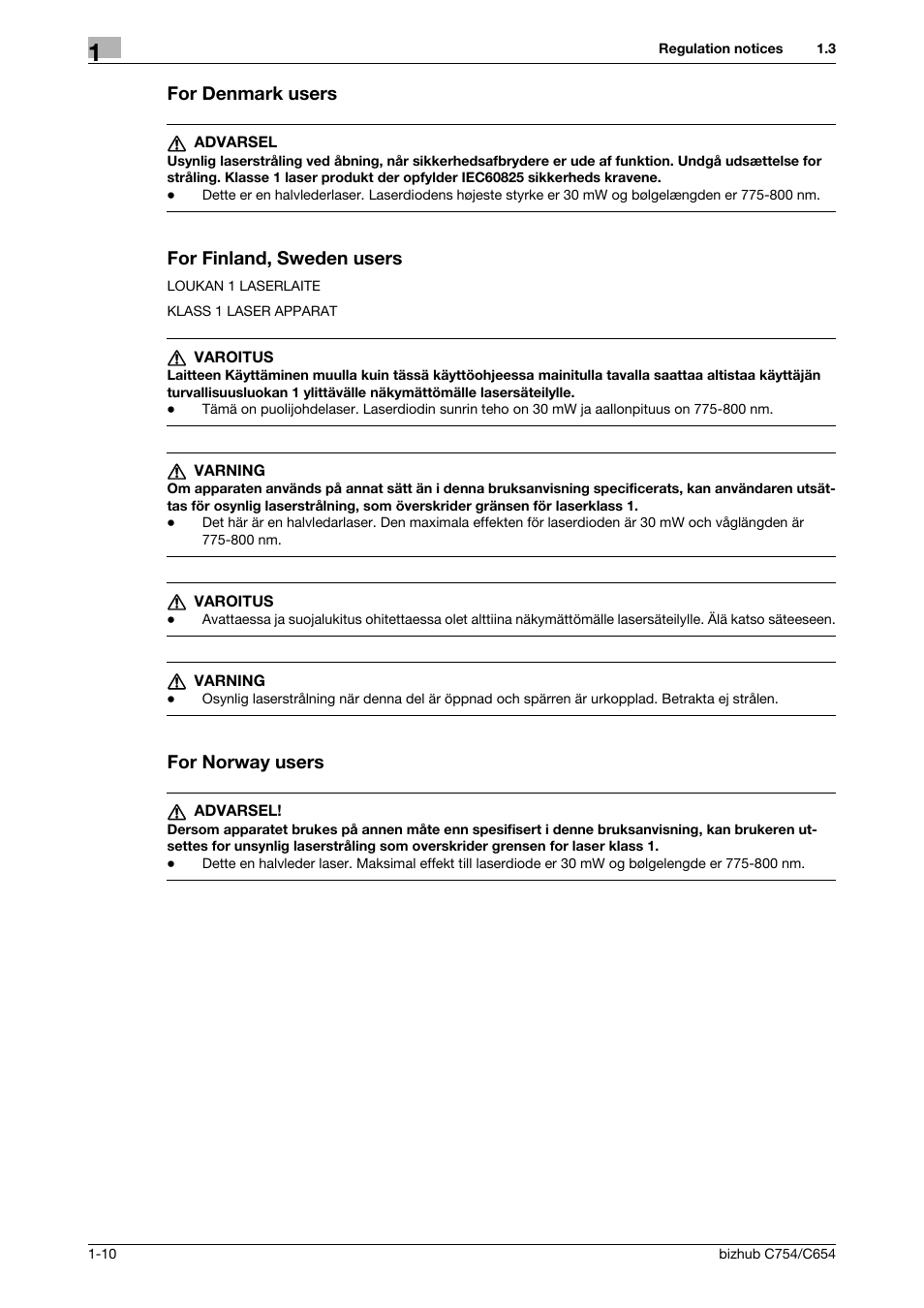 For denmark users, For finland, sweden users, For norway users | Konica Minolta bizhub C654 User Manual | Page 16 / 130