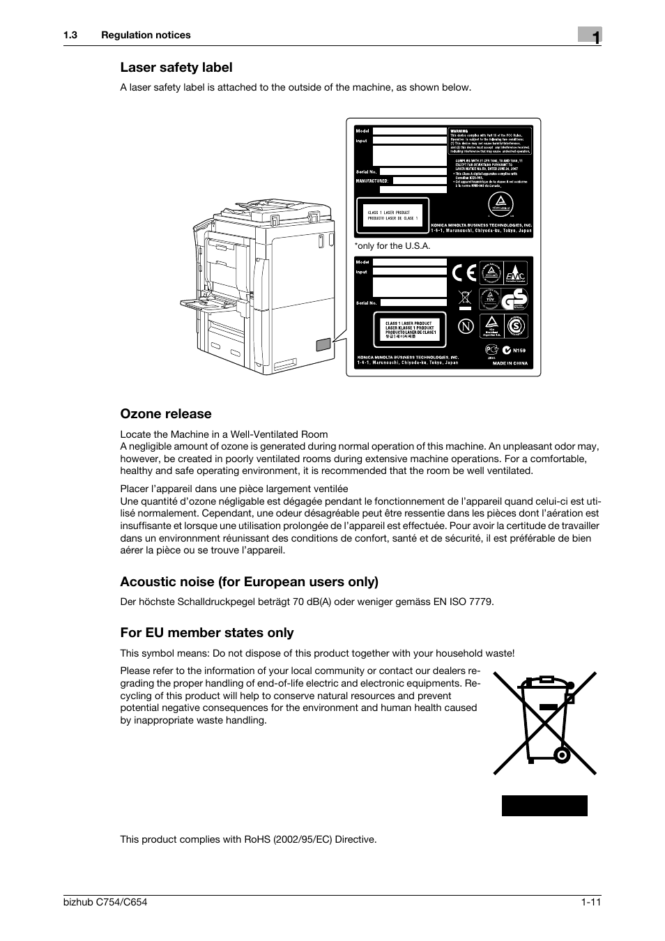 Laser safety label, Ozone release, Acoustic noise (for european users only) | For eu member states only | Konica Minolta bizhub C654 User Manual | Page 17 / 130