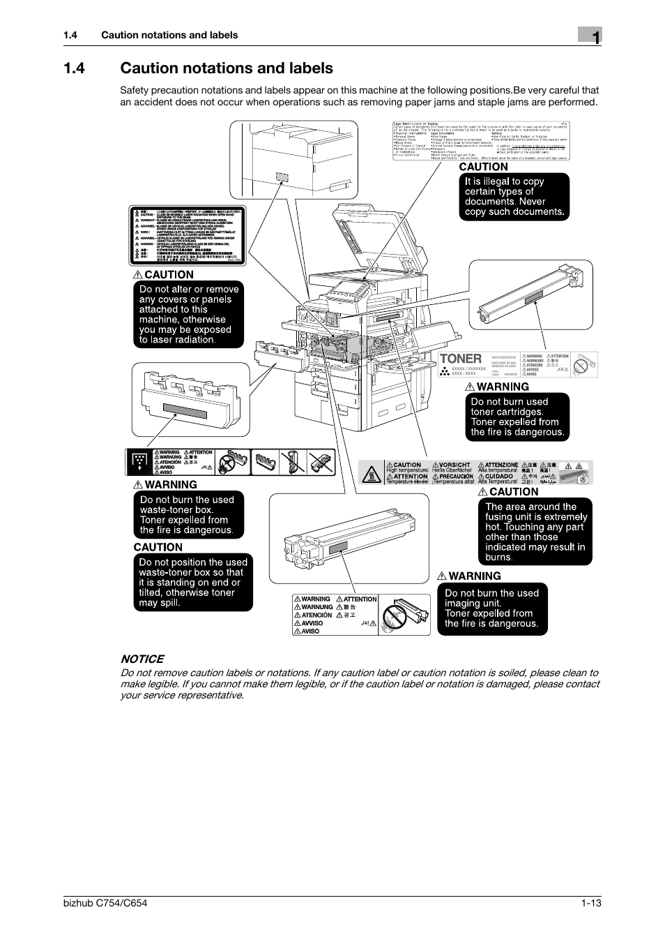 4 caution notations and labels, Caution notations and labels -13 | Konica Minolta bizhub C654 User Manual | Page 19 / 130