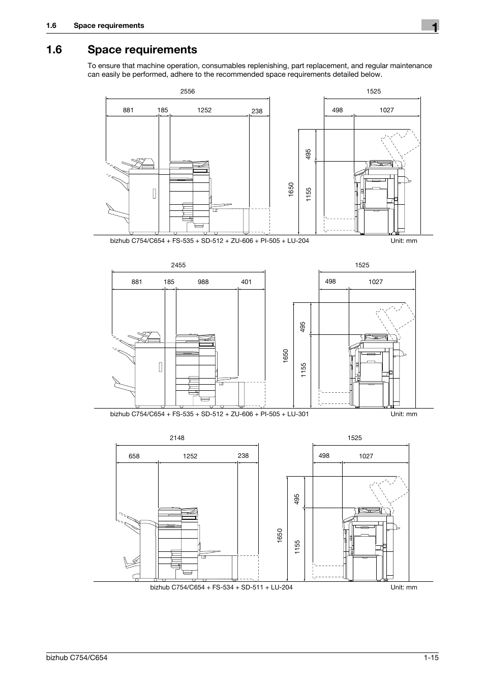 6 space requirements, Space requirements -15 | Konica Minolta bizhub C654 User Manual | Page 21 / 130