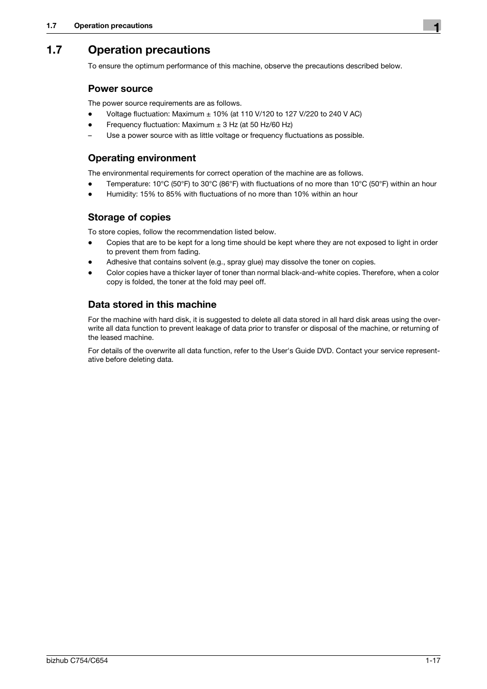 7 operation precautions, Power source, Operating environment | Storage of copies, Data stored in this machine | Konica Minolta bizhub C654 User Manual | Page 23 / 130