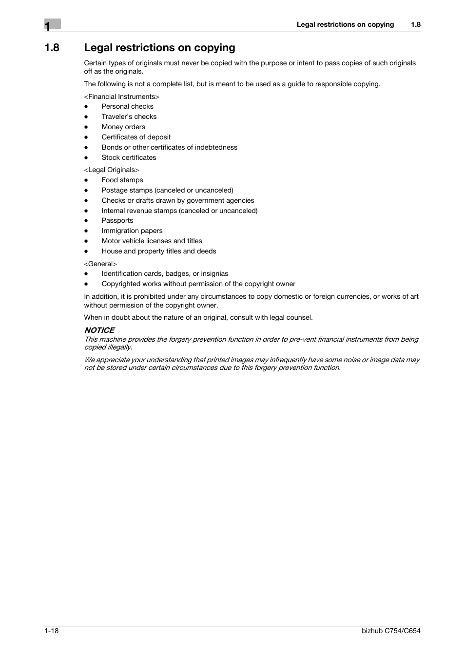 8 legal restrictions on copying, Legal restrictions on copying -18 | Konica Minolta bizhub C654 User Manual | Page 24 / 130