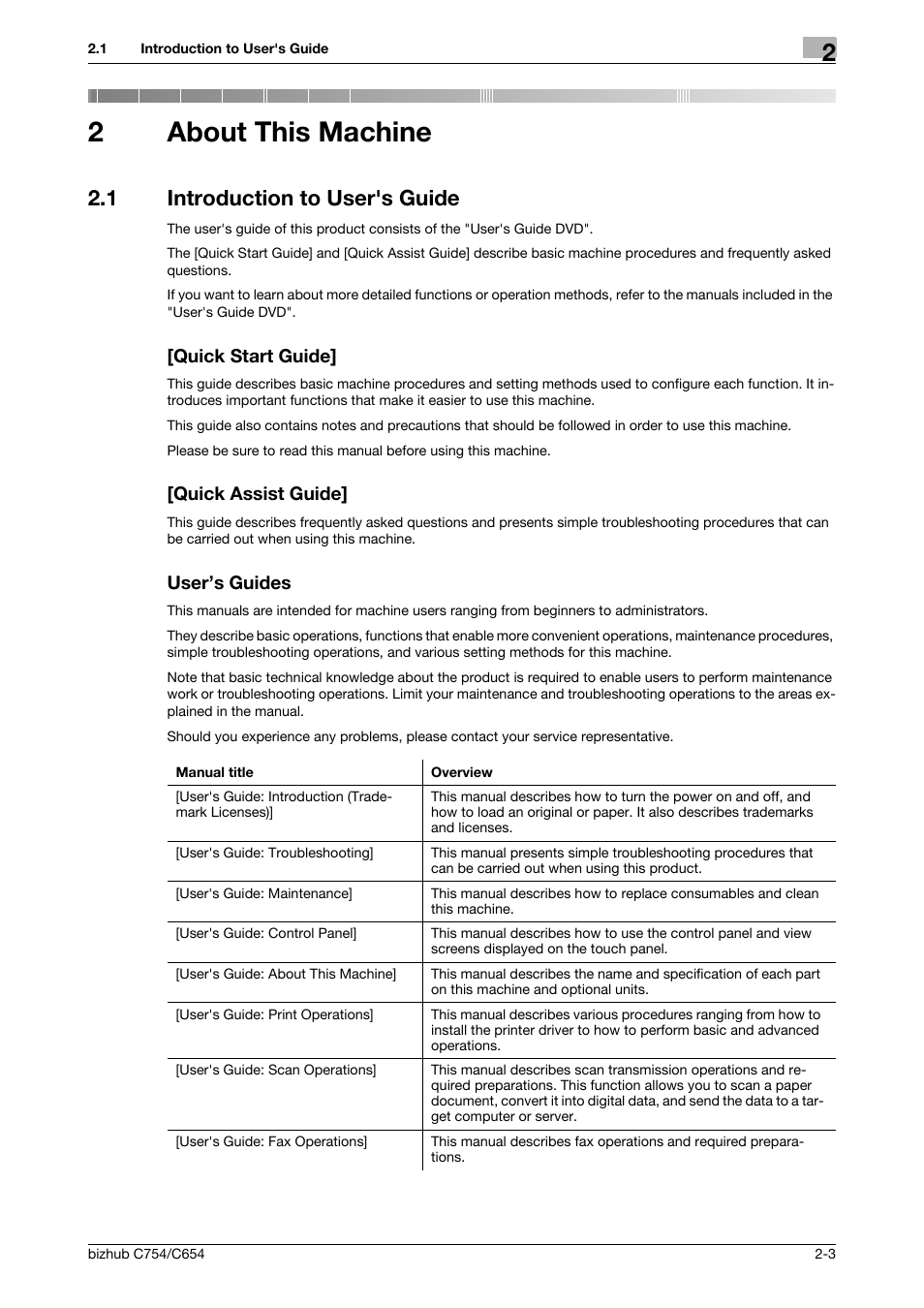 2 about this machine, 1 introduction to user's guide, Quick start guide | Quick assist guide, User’s guides, About this machine, 2about this machine | Konica Minolta bizhub C654 User Manual | Page 27 / 130