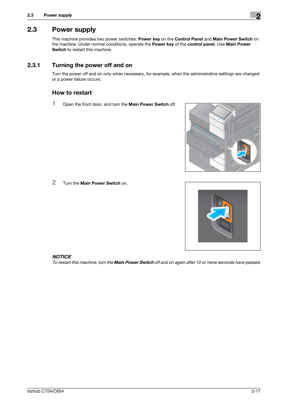 3 power supply, 1 turning the power off and on, How to restart | Power supply -17 | Konica Minolta bizhub C654 User Manual | Page 41 / 130