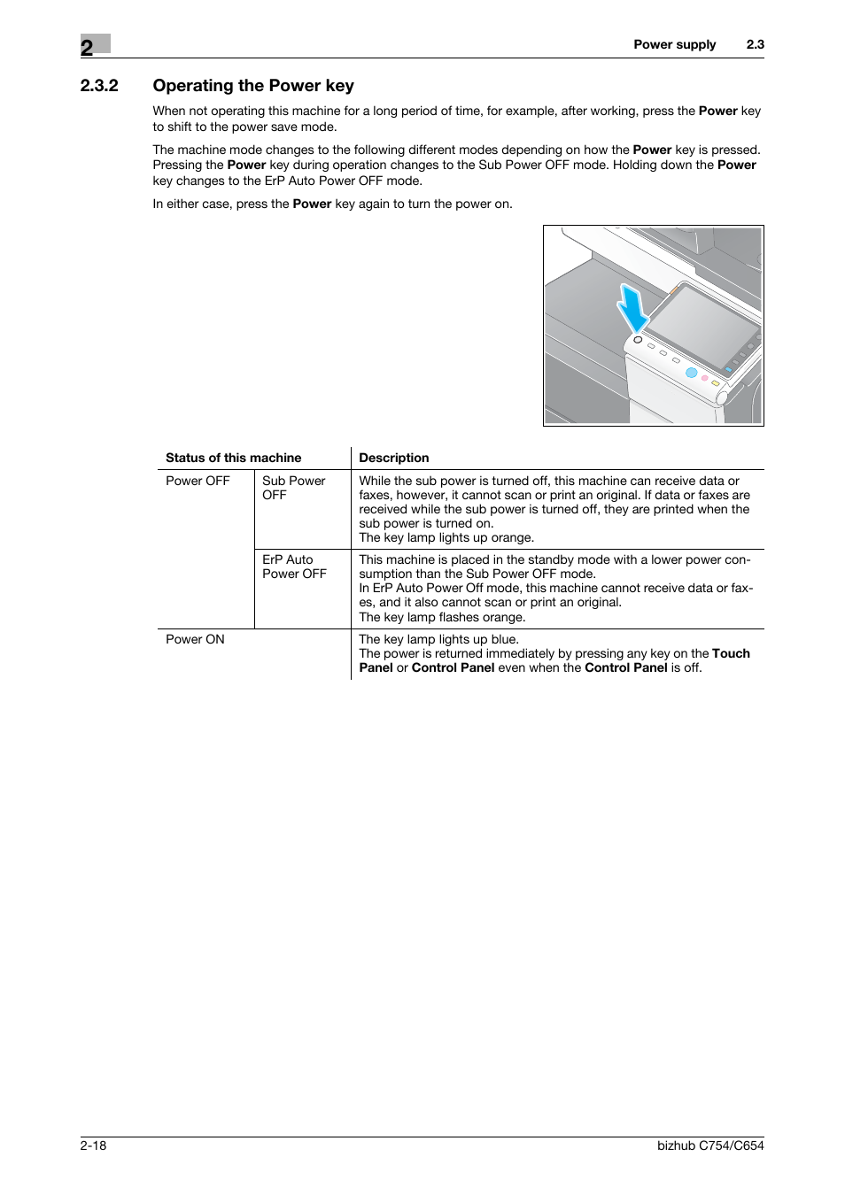 2 operating the power key, Operating the power key -18 | Konica Minolta bizhub C654 User Manual | Page 42 / 130