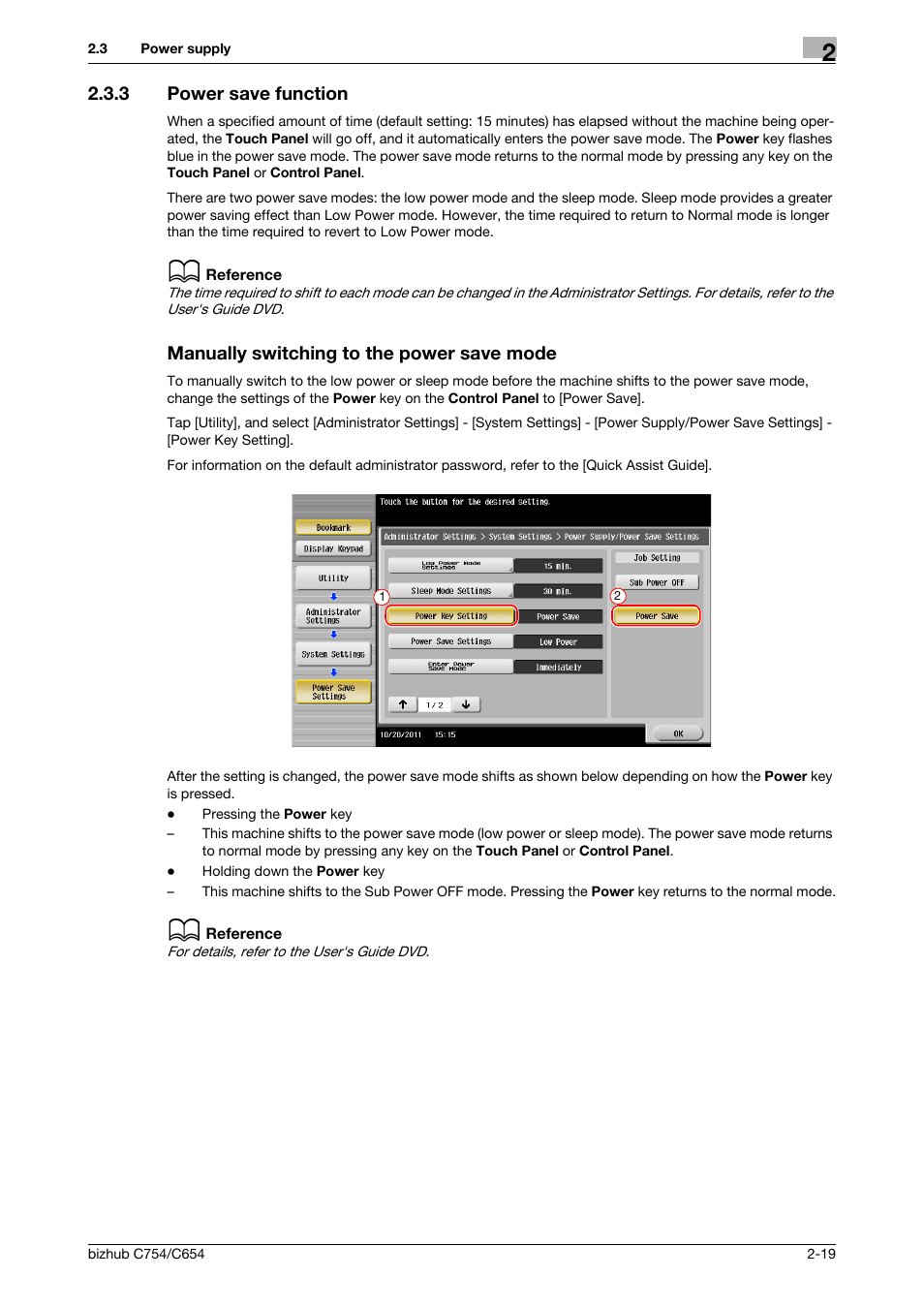 3 power save function, Manually switching to the power save mode | Konica Minolta bizhub C654 User Manual | Page 43 / 130