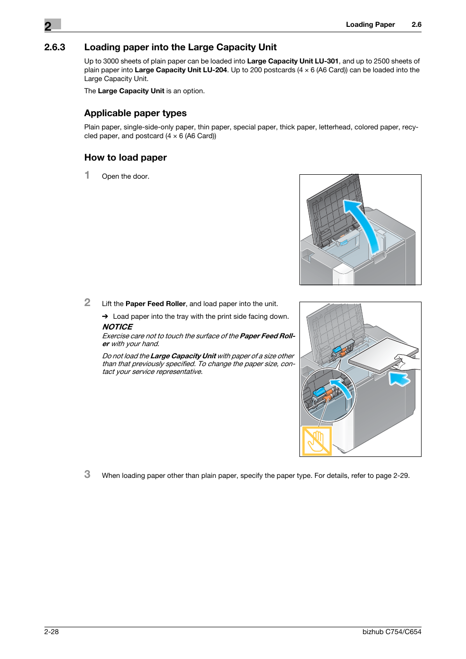 3 loading paper into the large capacity unit, Applicable paper types, How to load paper | Konica Minolta bizhub C654 User Manual | Page 52 / 130