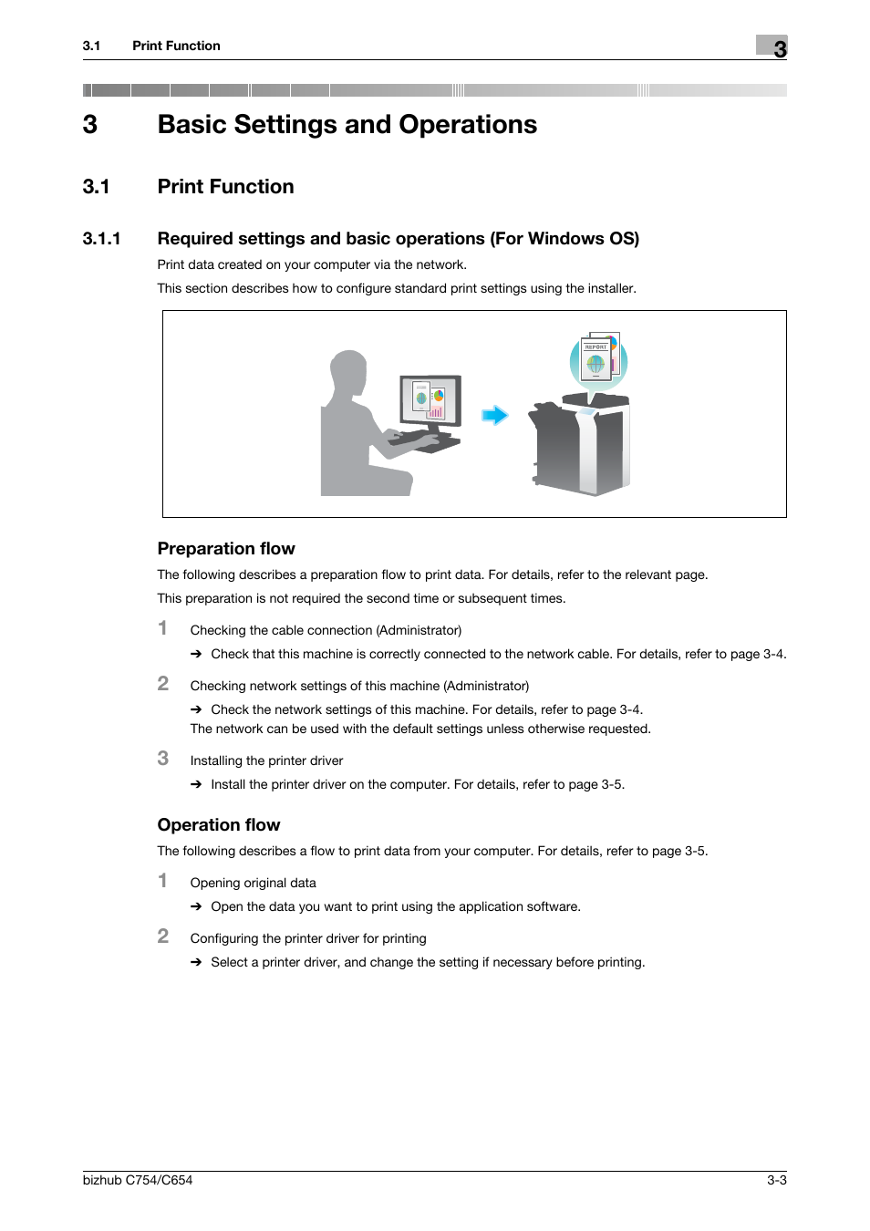 3 basic settings and operations, 1 print function, Preparation flow | Operation flow, Basic settings and operations, Print function -3, 3basic settings and operations | Konica Minolta bizhub C654 User Manual | Page 59 / 130