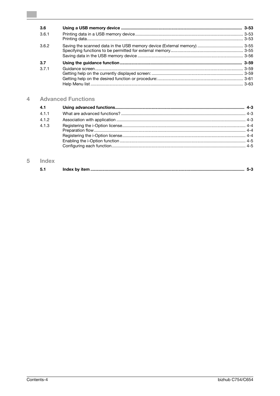 4advanced functions, 5index | Konica Minolta bizhub C654 User Manual | Page 6 / 130