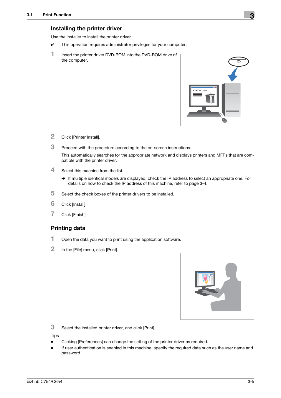 Installing the printer driver, Printing data, Installing the printer driver -5 printing data -5 | Konica Minolta bizhub C654 User Manual | Page 61 / 130